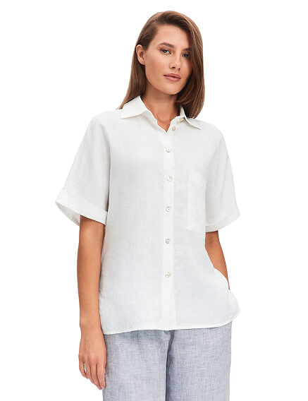 LINEN Рубашка женская прямая с коротким рукавом, цвет белый, фото 2