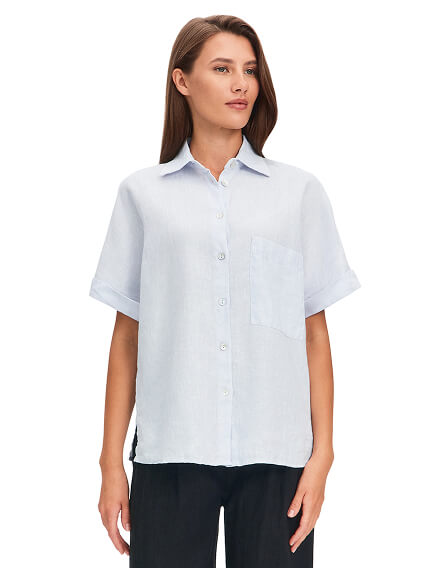 LINEN Рубашка женская прямая с коротким рукавом, цвет небесно-голубой, фото 1